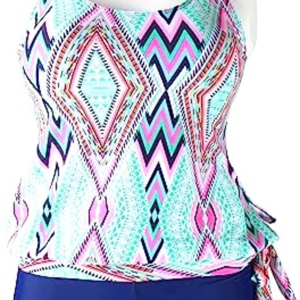Miturn Womens Bandeau Printed Tie Side Blouson Tankini Tops Two Pieces Swimsuit